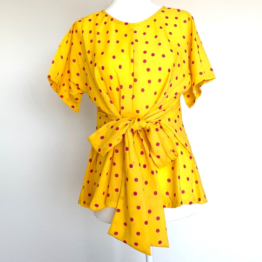 NWOT Sunny Yellow Blouse with Pink Polka Dots